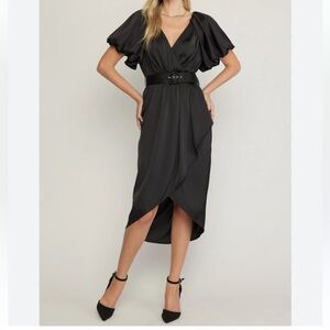 Entro Black‎ Satin Bubble Puff Sleeves Faux Wrap Dress High Low Hem Belt Midi S